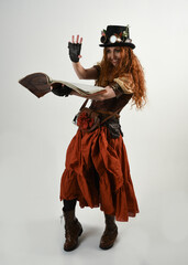 Full length walking portrait Steampunk Botanist, mad scientist, female model in Victorian Costume...