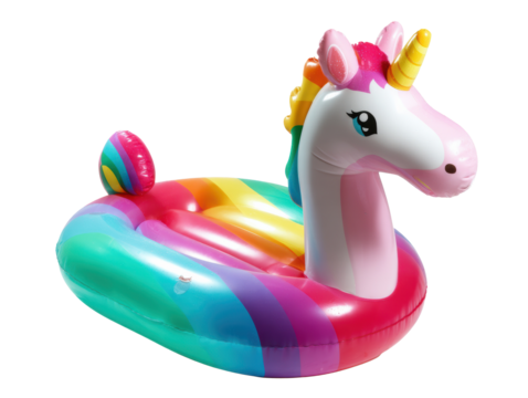 Colorful unicorn float for summer fun in the pool, cut out transparent