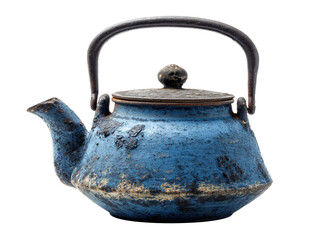 Vintage blue kettle with rust and wear for home decor, cut out transparent