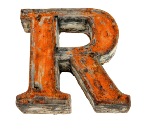 Letter R in vintage style with orange paint and rustic texture, cut out transparent