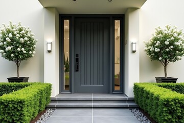 Modern home entrance elegant design inviting atmosphere serene landscaping beautiful gray door