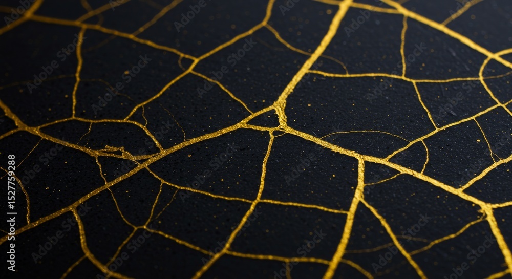 Poster golden cracks on black surface - abstract close-up of gold cracks on a dark surface, creating a uniq