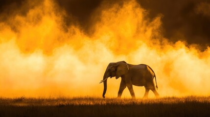 Fototapeta premium Silhouetted elephant in golden dust storm