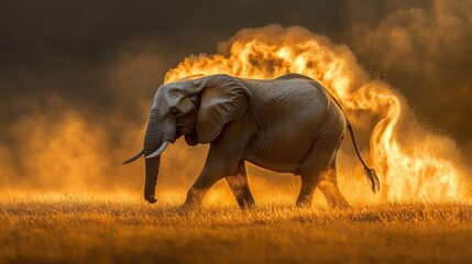 Majestic elephant, backlit by fiery dust