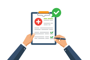 Vector illustration of completing a medical checklist on a clipboard with health status and approval icons.