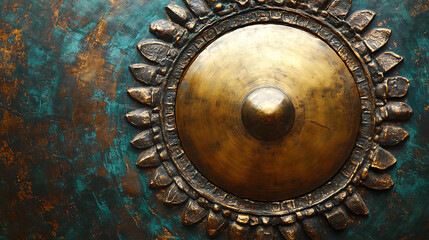 Fototapeta premium Detailed image of Thai gong with aged bronze surface in golden light 