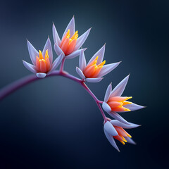 Delicate flowers blooming on curved pink stem against dark blue background.