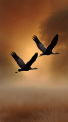 Two birds flying over a misty golden field at sunrise with warm glow.