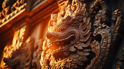 Fototapeta premium Close-up of intricate Thai temple carvings glowing under warm studio lighting 