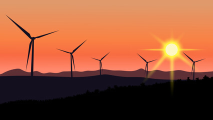 Wind turbines silhouette on mountain landscape at sunset with bright sun