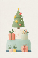 Ilustración  de acuarela sobre fondo blanco de un árbol de Navidad festivo con adornos y regalos envueltos de colores
