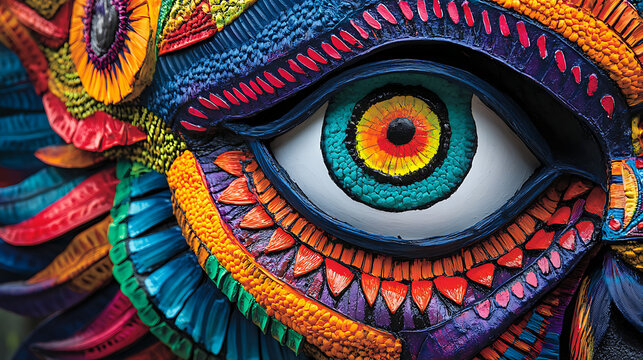 Bright close-up of Thai mask used in Khon performance showing vibrant colors 