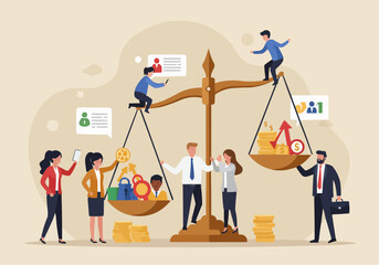 Risk management and safety planning, business people balancing scale with risk and reward icons, vector”