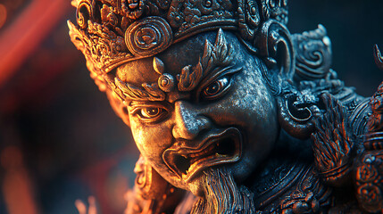 Artistic lighting on a Thai guardian statue with exaggerated expression 