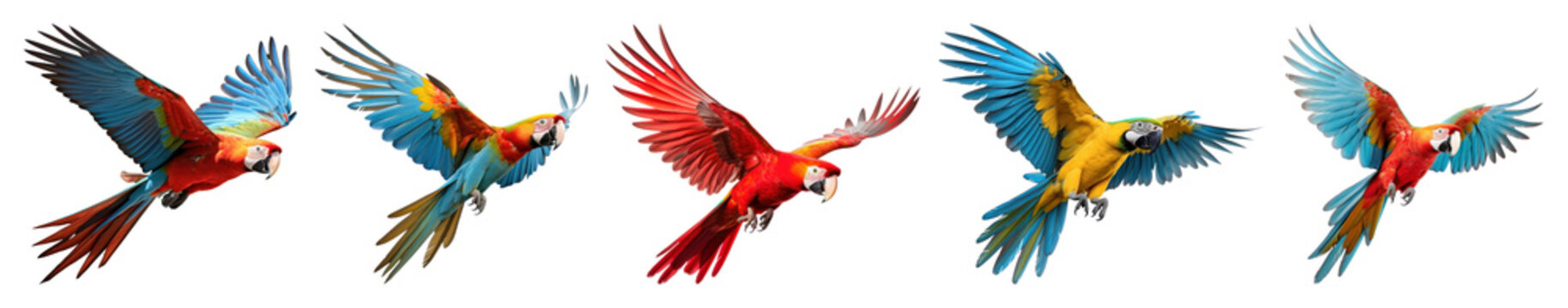 PNG Colorful parrots in flight, element set on transparent background
