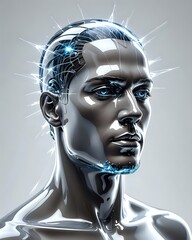 A Transparent Glass Human Head with light Beams Emerging from Within, against a Clean White Background. Concept of Insight, Understanding, enlightenment
