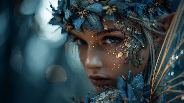 Enchanting Fairy Queen with Leaf Crown in Magical Forest