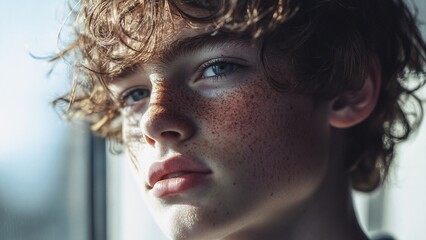 Close-up portrait of a freckled young boy with curly brown hair and blue eyes, gazing thoughtfully away from the camera in natural window light, creating a contemplative and serene atmosphere