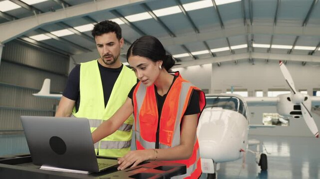 Aircraft maintenance crew working on laptop in hangar - slow motion