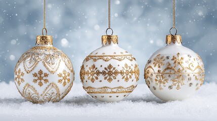 Elegant white and gold Christmas baubles hanging over snow with soft snowfall and blue winter background