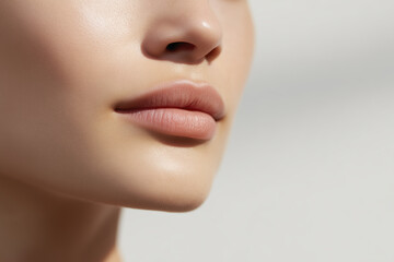 Obraz premium Close-up of a beautiful womans lips with soft pink color, showcasing smooth skin texture and natural makeup, emphasizing beauty and elegance in a minimalistic setting