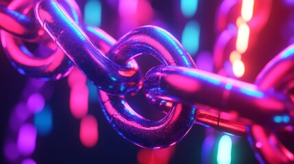 A close-up view of a vibrant metallic chain illuminated by colorful neon lights. The interplay of colors evokes a sense of connectivity and strength. Generative AI