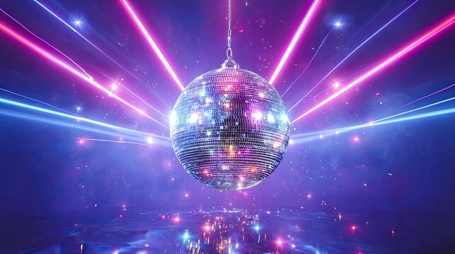 Reflective disco ball with pink and blue laser beams in glowing room for party and music celebration
