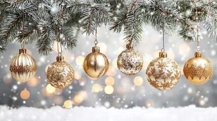 Golden Christmas baubles hanging on snowy fir tree branch with festive lights and winter background