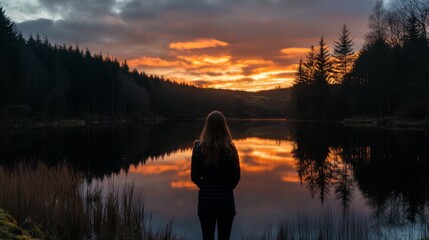 A tranquil landscape at sunset reflects calm waters. A silhouette of a person stands lost in thought. Nature inspires peace and mindfulness. Generative AI