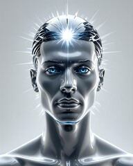 A Transparent Glass Human Head with light Beams Emerging from Within, against a Clean White Background. Concept of Insight, Understanding, enlightenment