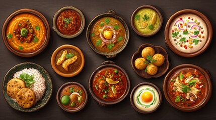 Traditional Indian Cuisine Spread on Table with Rice and Food Bowls