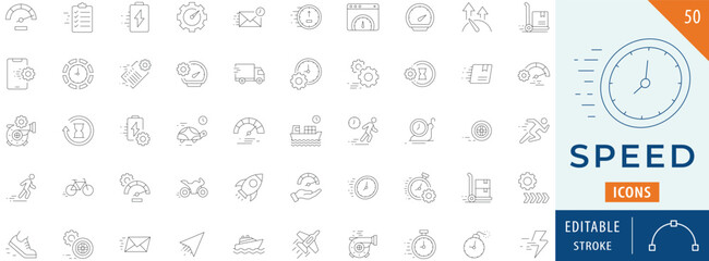 Speed icon collection set. Contains movement, fast, turbo, speeding, rocket, wheel, and more. Editable stroke.