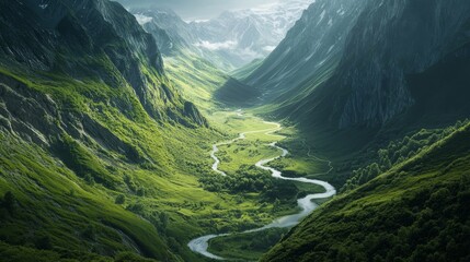 A breathtaking landscape of lush green valleys and flowing rivers. Majestic mountains surround this captivating view. Nature’s beauty is on full display. Generative AI