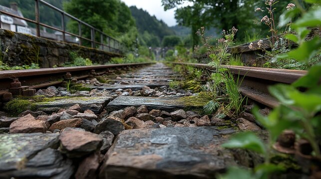 Abandoned railway track reclaimed by nature and vegetation in countryside - Powered by Adobe