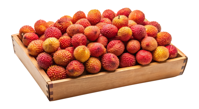Wooden box filled with fresh and vibrant lychees in varying shades Transparent PNG 