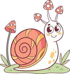 Colorful cartoon snail with mushroom shell in cute style for children illustration work