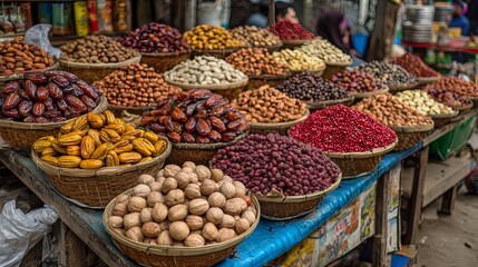 Colorful Dates Displayed at Outdoor Market Stall