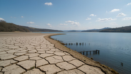 Horizontal shot of Leighton Reservoir with cracked earth and receding shoreline, highlighting UK water scarcity amid record dry spring 2025; includes space for environmental awareness copy.