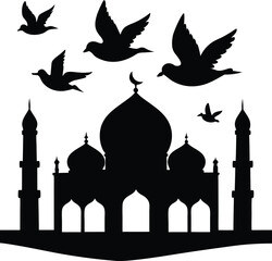 Peaceful Mosque Illustration with Flying Doves vector silhouette illustration