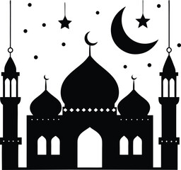 Ramadan Night Mosque with Lanterns and Moon vector silhouette illustration