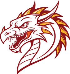 Naklejka premium Fierce red-orange dragon head with fiery symmetry for mascot or fantasy branding use
