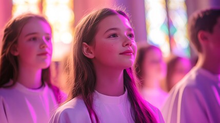 A serene moment captured in a sacred space. Young individuals dressed in white robes stand in admiration. Light filters through stained glass. Generative AI
