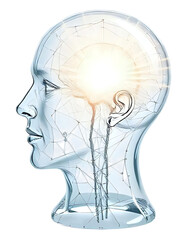 A Transparent Glass Human Head with light Beams Emerging from Within, against a Clean White Background. Concept of Insight, Understanding, enlightenment