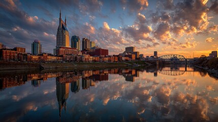 Nashville Skyline at Sunset Reflected in the Cumberland River, Tennessee
