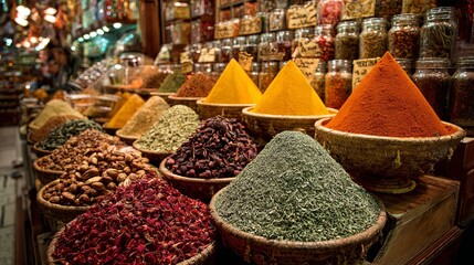 Exotic Spice Market Scene with Vibrant Colors and Aromas
