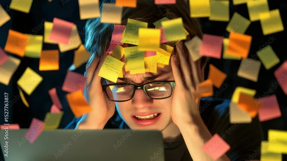 Poster Stressed and tired programmer suffering from information overload with sticky notes on his face and head is working late at night in the office in front of his laptop