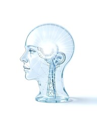 A Transparent Glass Human Head with light Beams Emerging from Within, against a Clean White Background. Concept of Insight, Understanding, enlightenment