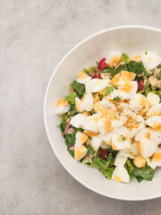 Fresh tuna salad with lettuce, tomato, cucumber and boiled eggs in a white bowl copy space