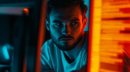 A focused individual stares intently at glowing screens. Mysterious and captivating, the colors create a unique atmosphere. Technology and curiosity merge here. Generative AI