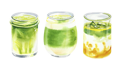 Hand painted watercolor set with cold matcha drinks for cafe menu. Hand drawn watercolor drink glass cup isolated on white background